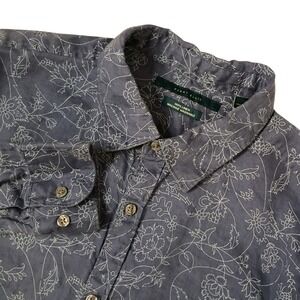 Perry Ellis Linen Shirt Mens Large Blue Floral Roll Tab Sleeve Casual‎ Resort